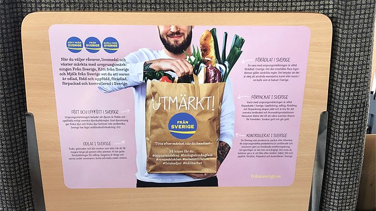 Ursprungsmärkningen Från Sveriges kriterier, kampanj för svenska mervärden på SJs brickbord våren 2019.