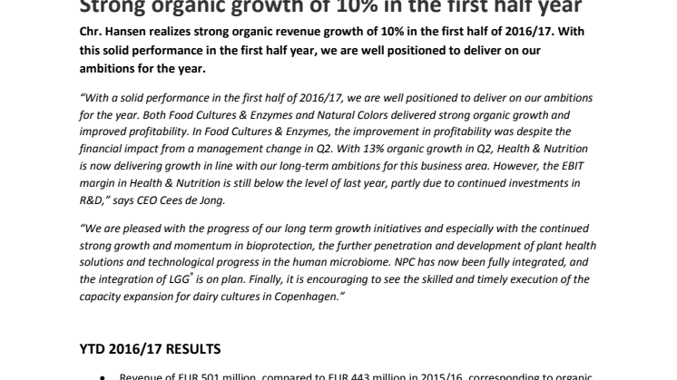 Strong organic growth of 10% in the first half year