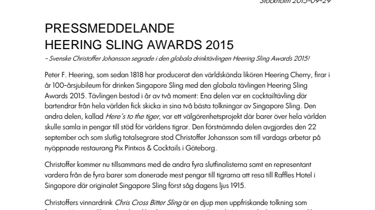 Svensk bartender vinnare i Heering Sling Awards 2015