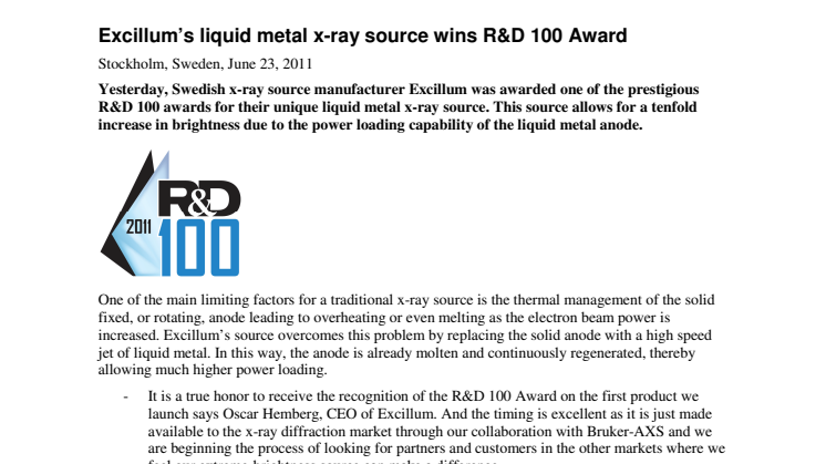 Excillum’s liquid metal x-ray source wins R&D 100 Award