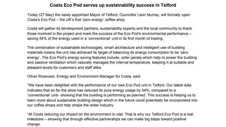 Costa Eco Pod serves up sustainability success in Telford