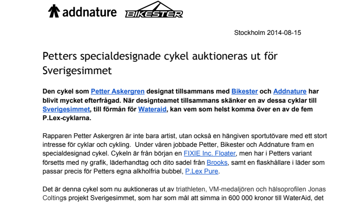 Petters specialdesignade cykel auktioneras för Sverigesimmet