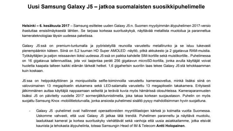 Uusi Samsung Galaxy J5 – jatkoa suomalaisten suosikkipuhelimelle