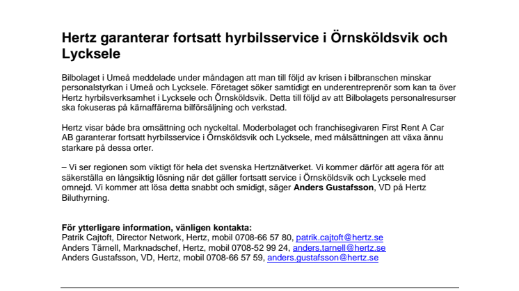 Hertz garanterar fortsatt hyrbilsservice i Örnsköldsvik och Lycksele
