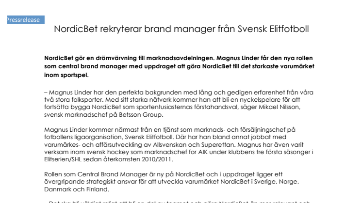 NordicBet rekryterar brand manager från Svensk Elitfotboll  