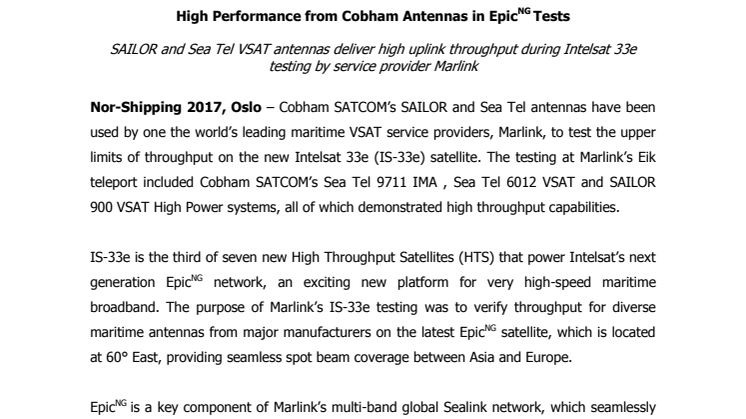 Cobham SATCOM: High Performance from Cobham Antennas in EpicNG Tests