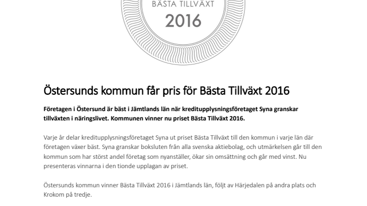 Östersunds kommun får pris för Bästa Tillväxt 2016