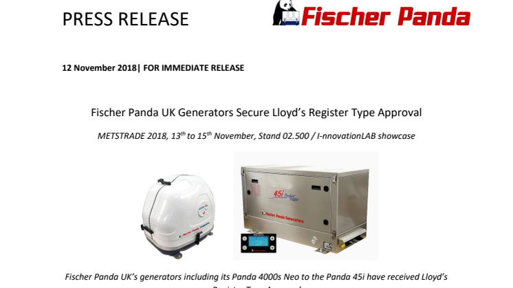 Fischer Panda UK Generators Secure Lloyd’s Register Type Approval