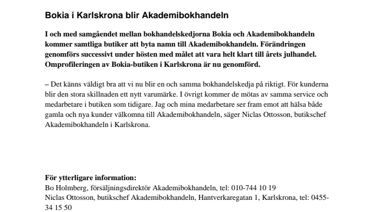 Bokia i Karlskrona blir Akademibokhandeln 