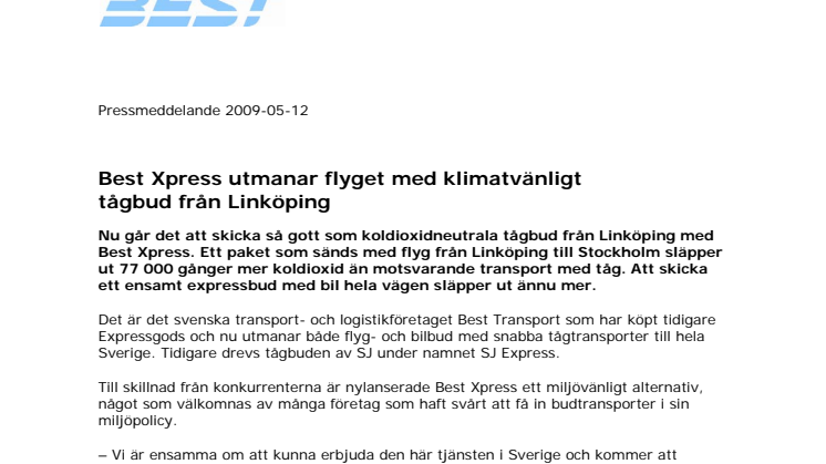 Best Xpress utmanar flyget med klimatvänligt tågbud från Linköping