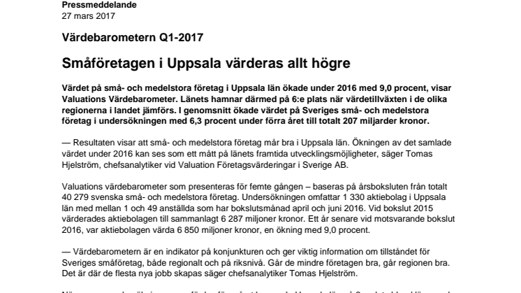 Värdebarometern Q1-2017 Uppsala Län