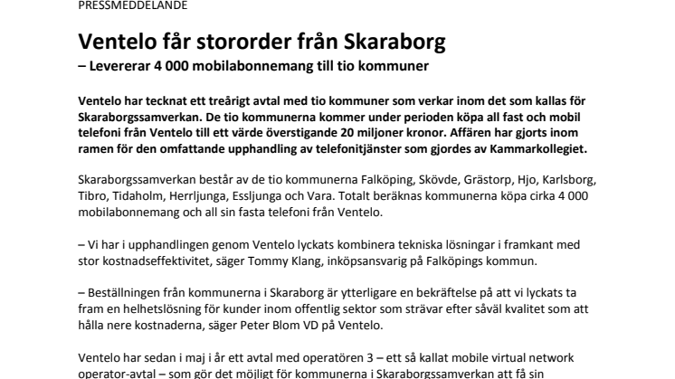 Ventelo får stororder från Skaraborg
