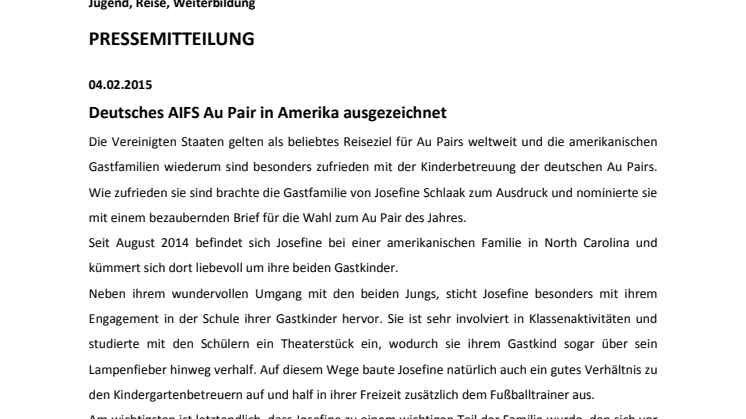 AIFS Pressemitteilung Au Pair of the Year