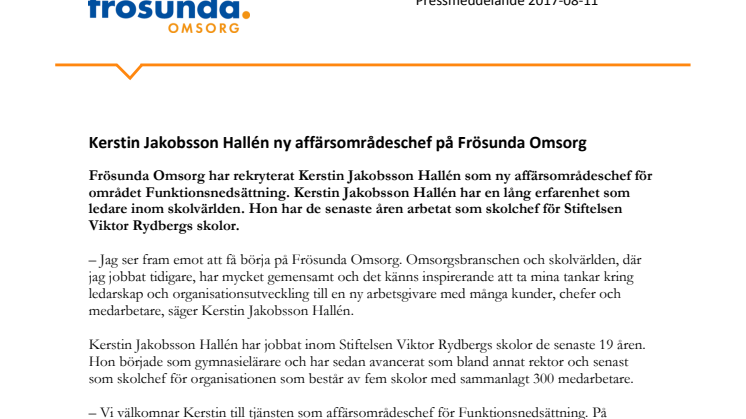 Kerstin Jakobsson Hallén ny affärsområdeschef på Frösunda Omsorg