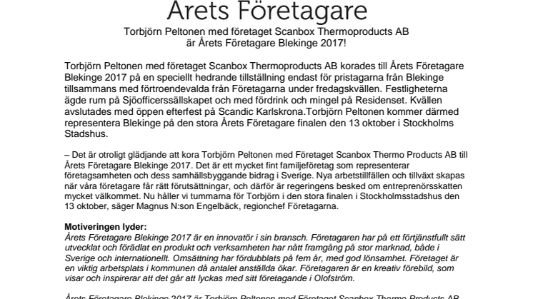 Torbjörn Peltonen med företaget Scanbox Thermoproducts AB är Årets Företagare Blekinge 2017!