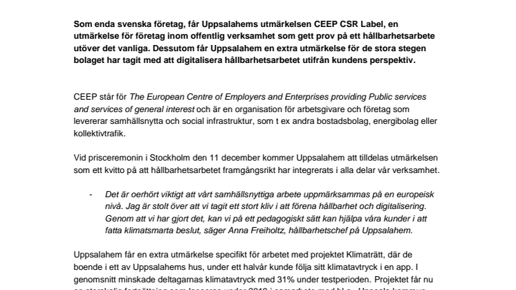 Uppsalahems hållbarhetsarbete får europeiskt pris