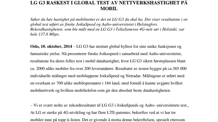 LG G3 RASKEST I GLOBAL TEST AV NETTVERKSHASTIGHET PÅ MOBIL