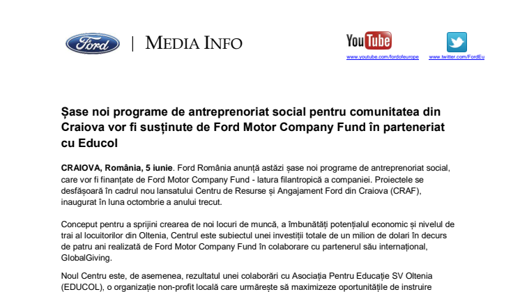 Șase noi programe de antreprenoriat social pentru comunitatea din Craiova vor fi susținute de Ford Motor Company Fund în parteneriat cu Educol