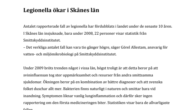 Legionella ökar i Skånes län