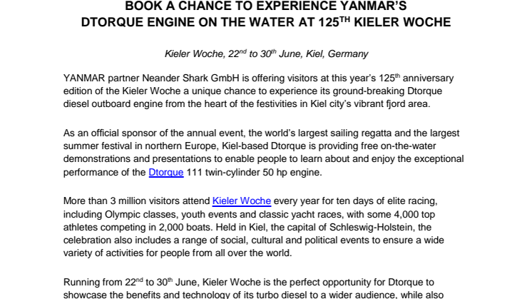 Book a Chance to Experience YANMAR’s Dtorque Engine on the Water at 125th Kieler Woche