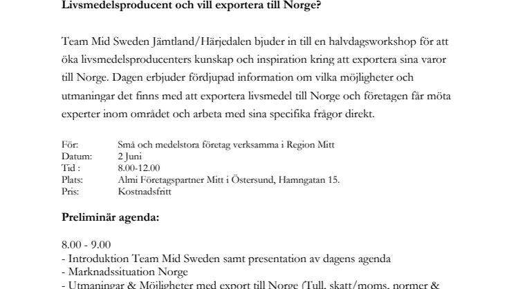 Inbjudan till workshop om export till norska marknaden