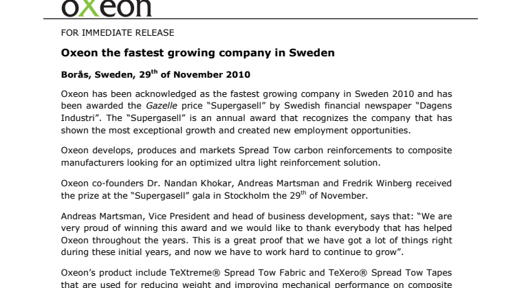 Oxeon the fastest growing company in Sweden