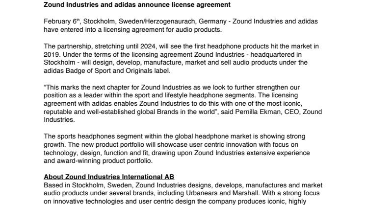 Zound Industries and adidas announce license agreement