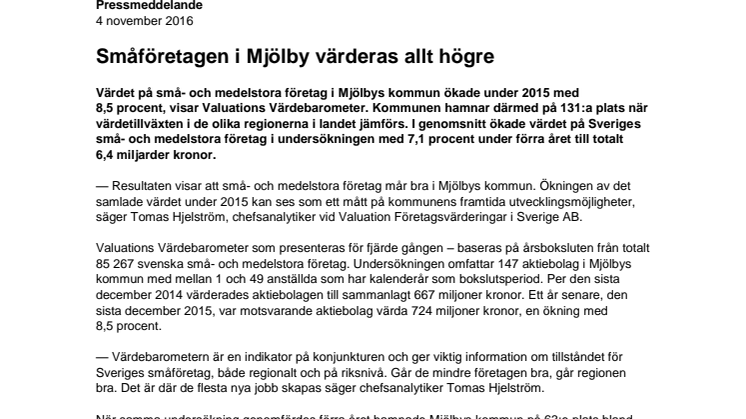Värdebarometern 2015 Mjölbys kommun
