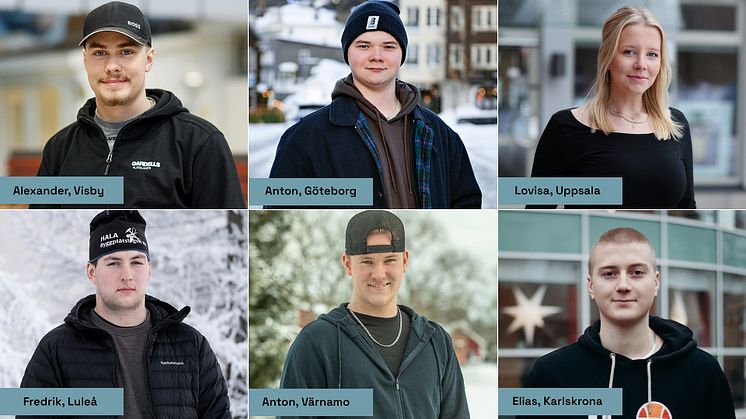 Finalisterna i SM för unga plåtslagare 2024: Alexander Johansson (Visby), Anton Gottberg (Göteborg), Lovisa Andersson (Uppsala), Fredrik Vikström (Luleå), Anton Sjöqvist (Värnamo) och Elias Thomsson Karlskrona)