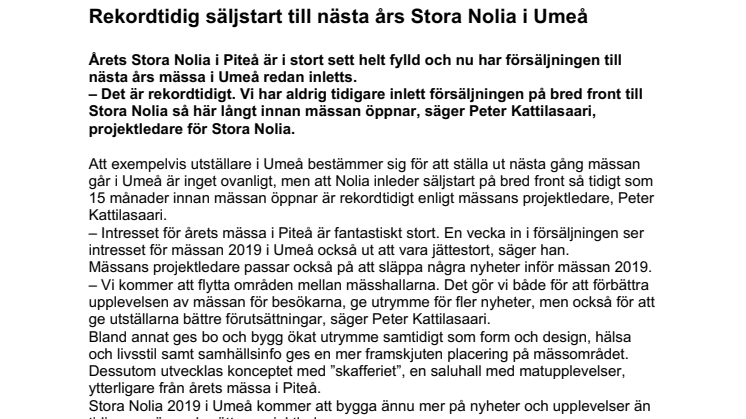 Rekordtidig säljstart till nästa års Stora Nolia i Umeå