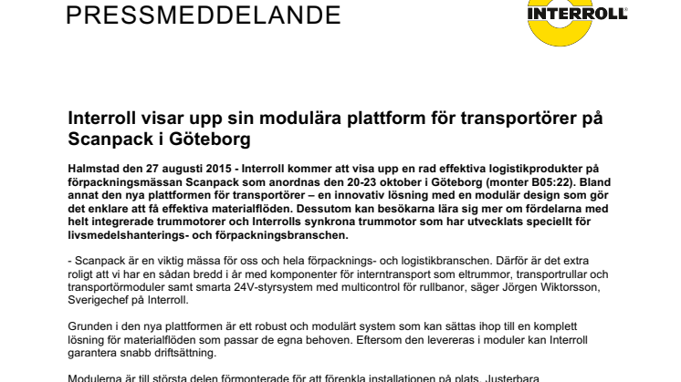 ​Interroll visar upp sin modulära plattform för transportörer på Scanpack i Göteborg