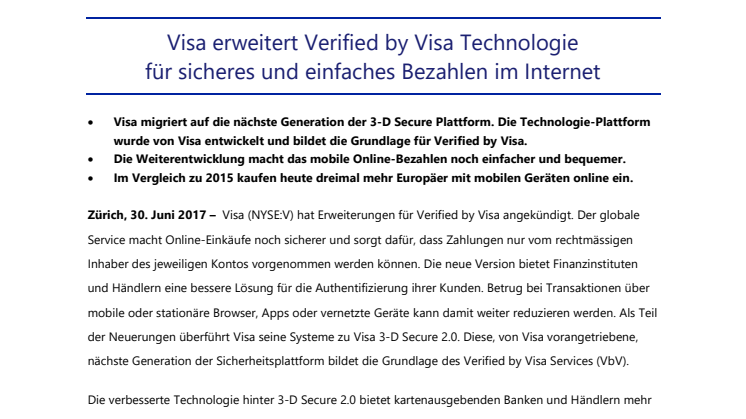 Visa erweitert Verified by Visa Technologie  für sicheres und einfaches Bezahlen im Internet