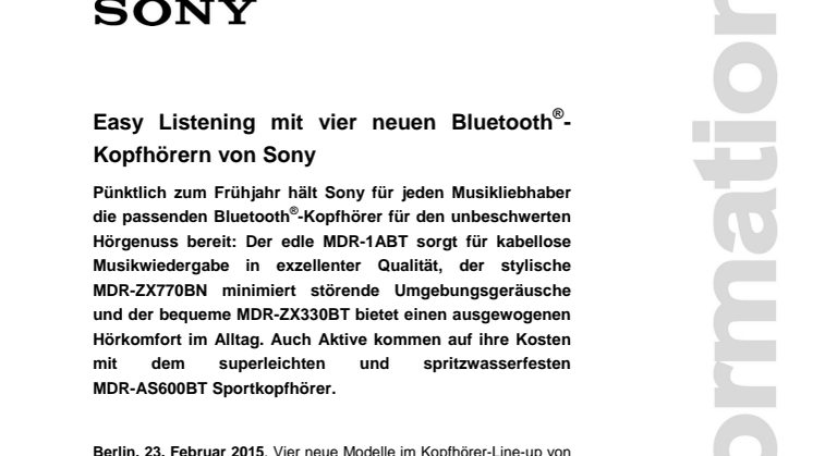 Easy Listening mit vier neuen Bluetooth®-Kopfhörern von Sony 