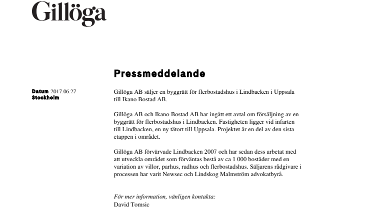Gillöga AB säljer en byggrätt för flerbostadshus i Lindbacken i Uppsala till Ikano Bostad AB
