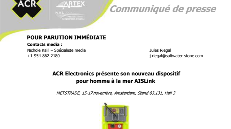 ACR Electronics: METSTRADE - ACR Electronics présente son nouveau dispositif pour homme à la mer AISLink
