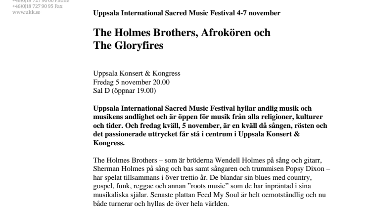 The Holmes Brothers, Afrokören och The Gloryfires 5 november