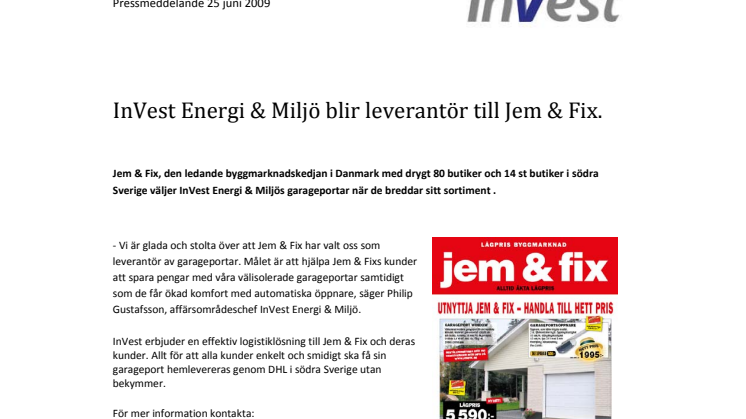 InVest Energi & Miljö blir leverantör till Jem & Fix.