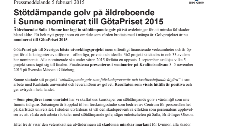 Stötdämpande golv på äldreboende i Sunne nominerat till GötaPriset 2015