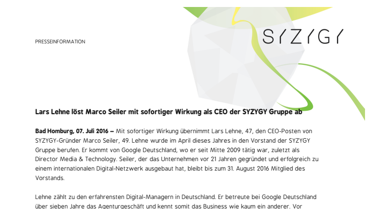Lars Lehne löst Marco Seiler mit sofortiger Wirkung als CEO der SYZYGY Gruppe ab