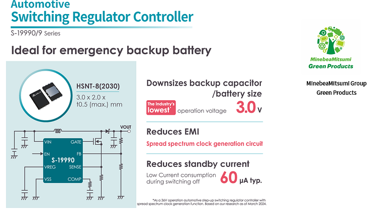 ABLIC launches the S-19990/9 Series of Automotive Low EMI Step-up Switching Regulator Controllers Featuring the Industry's Lowest 3V Operation Voltage