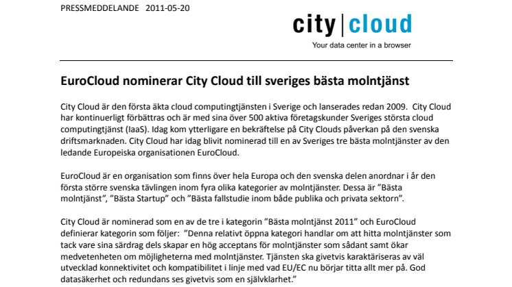 EuroCloud nominerar City Cloud till sveriges bästa molntjänst