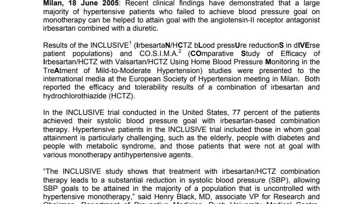A high proportion of hypertensive patients achieved blood pressure treatment goal with irbesartan-based combination therapy, findings show