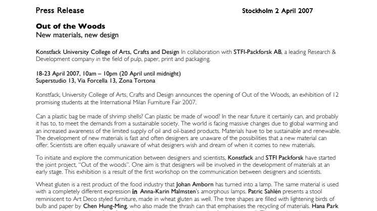 Konstfack at International Milan Furniture Fair 2007: Out of the Woods - new materials, new design