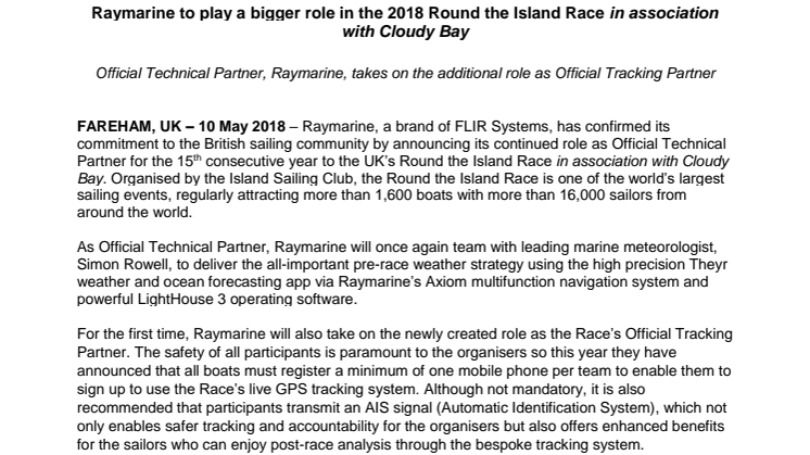 Raymarine: Raymarine to play a bigger role in the 2018 Round the Island Race in association with Cloudy Bay