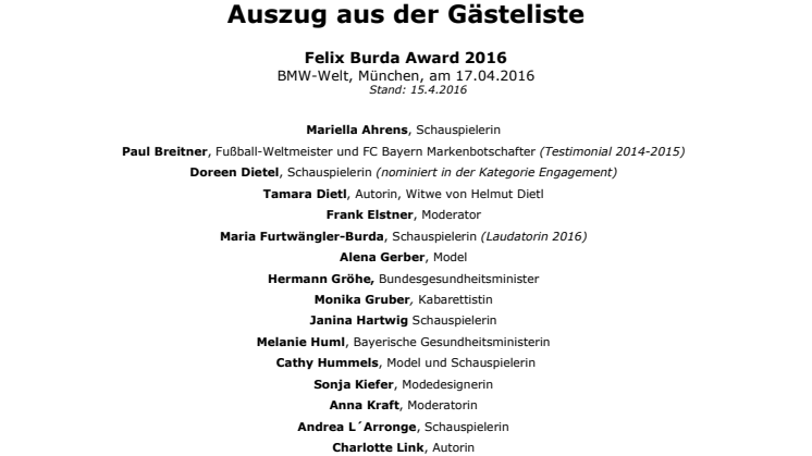 Auszug aus der Gästeliste beim Felix Burda Award 2016 am 17.4. in der BMW WELT in München