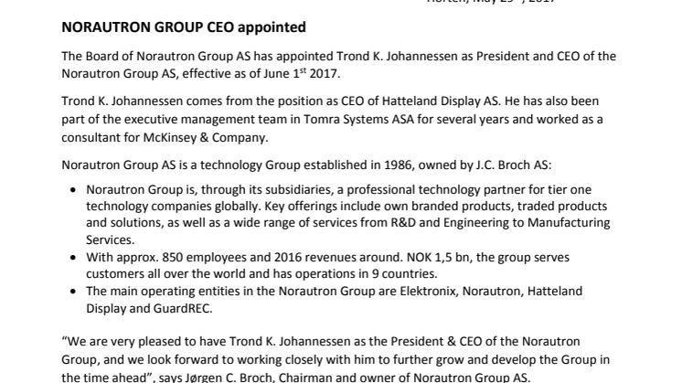 ​NORAUTRON GROUP CEO appointed