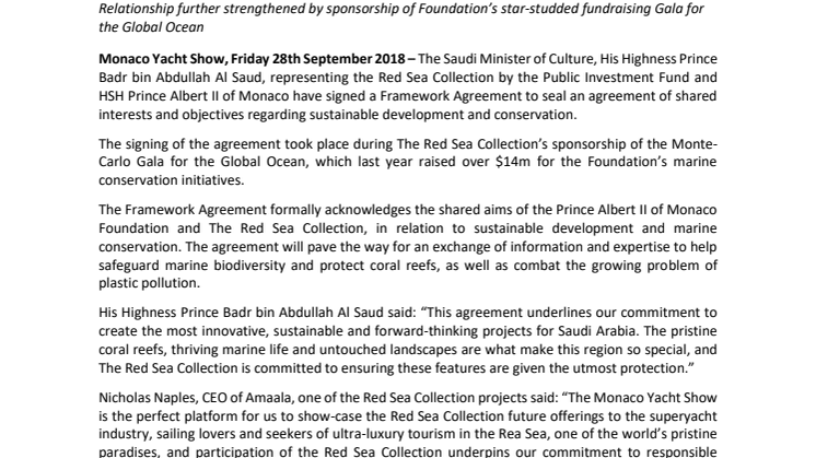 Red Sea Collection - Monaco Yacht Show: Red Sea Collection by The Public Investment Fund of The Kingdom of Saudi Arabia and Prince Albert II of Monaco Foundation sign a Framework Agreement on shared sustainability and marine conservation aims