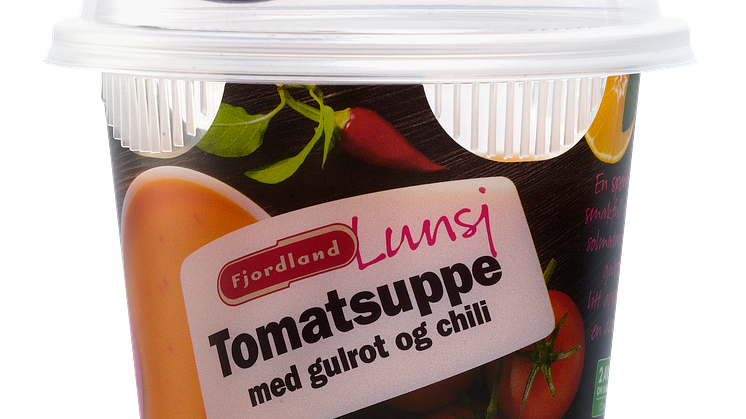 Fjordland Lunsj. Tomatsuppe med gulrot og chilli.