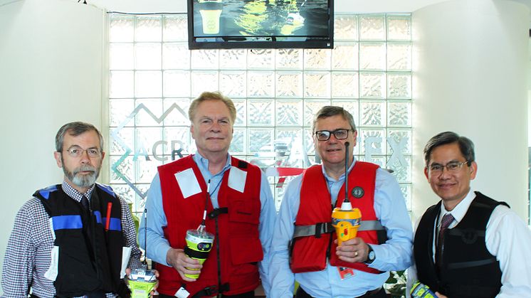 Pictured from left to right: Gerry Angeli, President and General Manager of ACR Electronics, Len Gelosa, President and CEO of Drew Marine, Alan Wrigley, Managing Director Ocean Signal and Ngoc Hoang, President NAL Research