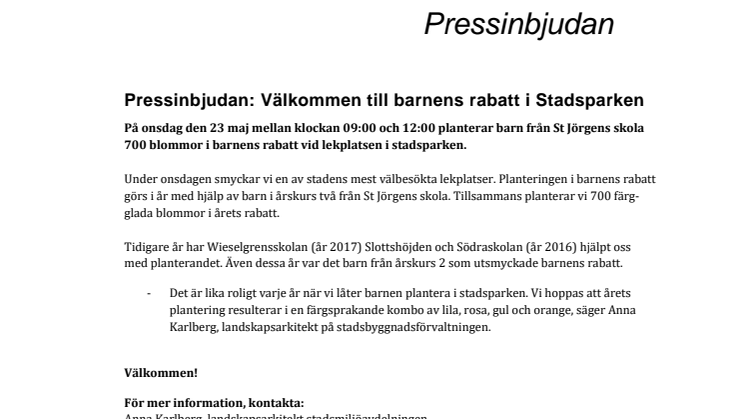 RÄTTELSE, NYTT DATUM! Pressinbjudan: Barnens rabatt i Stadsparken